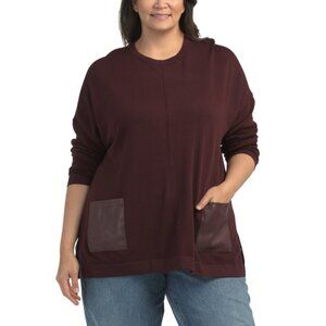 T TAHARI Bourgogne Plus Side Vent Faux Leather Pocket Sweater